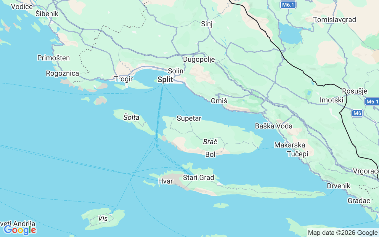 De locatie van RIB: Split,  Supetar,Mirca,Sutivan,Milna,Postira,Split, Supetar