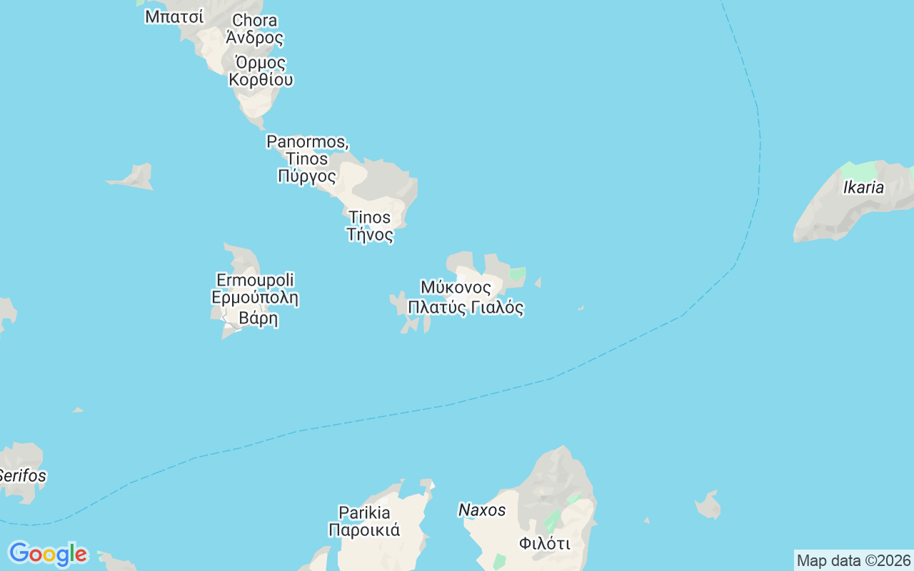 De locatie van RIB: Ornos, Mikonos