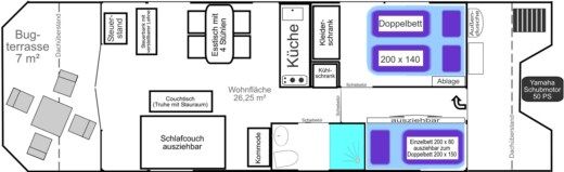 Houseboat Bungalowboot / Hausboot Trimaran Blue X AL 100 Boat layout