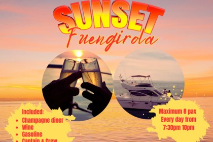 Ενοικίαση Μηχανοκίνητο σκάφος 700€, 8 pax max, 2h30 journey. Every day Sunset/departure time Vary Upon Dates: Fuengirola