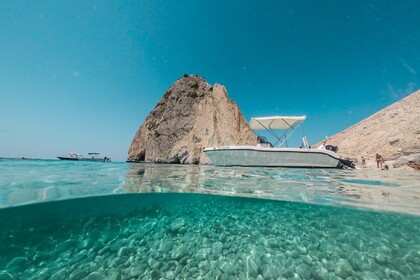 Explore Zakynthos with Myrto, a 60hp speedboat for up to 6 guests – no license required! Perfect for daily cruises to Navagio, Blue Caves, Keri Caves & Turtle Island.