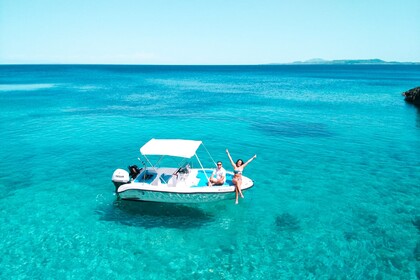 Explore Zakynthos with Myrto, a 60hp speedboat for up to 6 guests – no license required! Perfect for daily cruises to Navagio, Blue Caves, Keri Caves & Turtle Island.