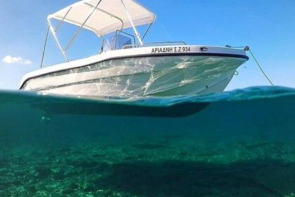 Explore Zakynthos with Ariadne, a 40hp speedboat for up to 4 guests – no license required! Perfect for daily cruises to Navagio, Blue Caves, Keri Caves & Turtle Island.